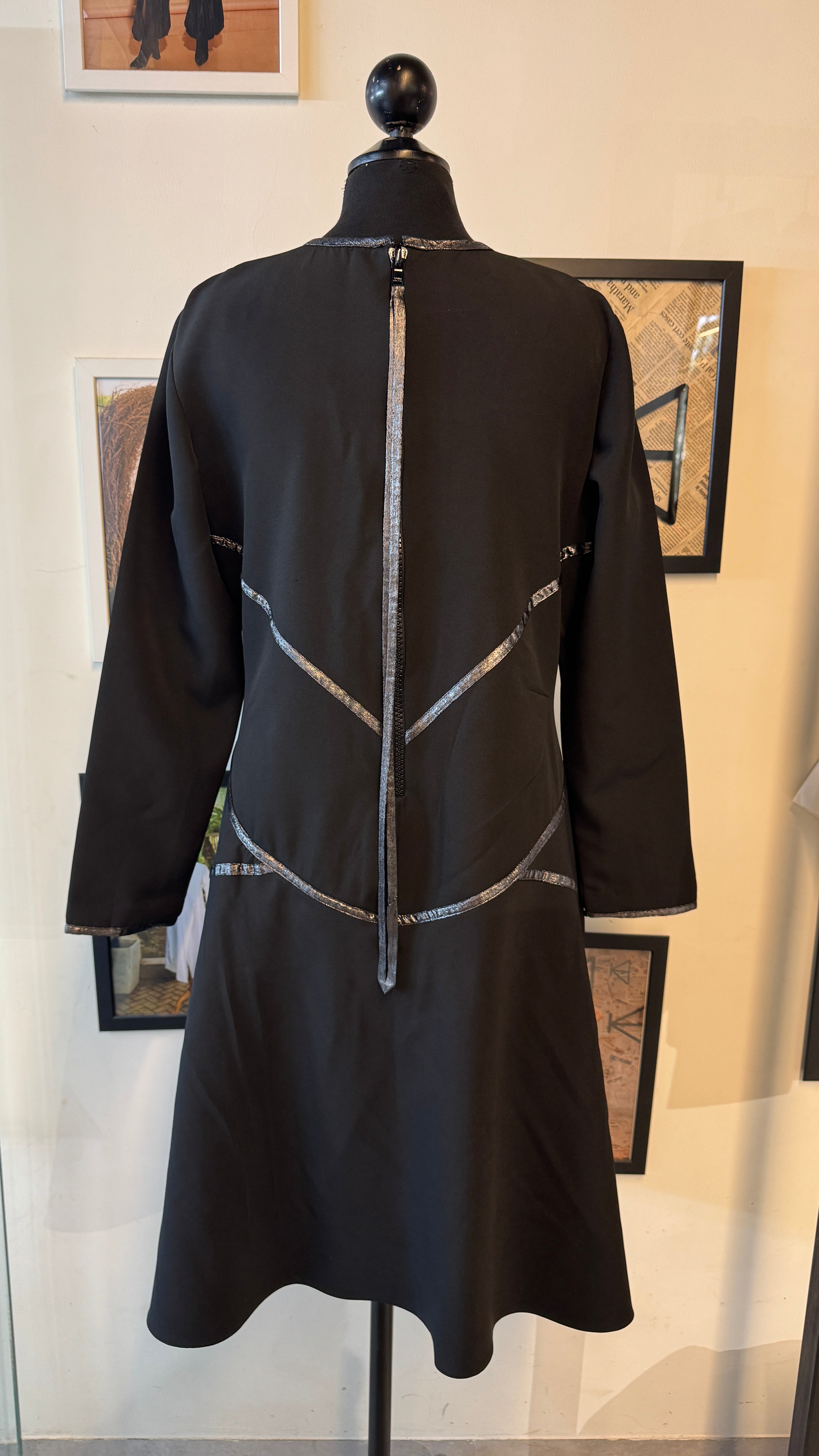 Black Banana Crepe Dress With Grey Sandwash Piping Crosses With Rivets On Joints