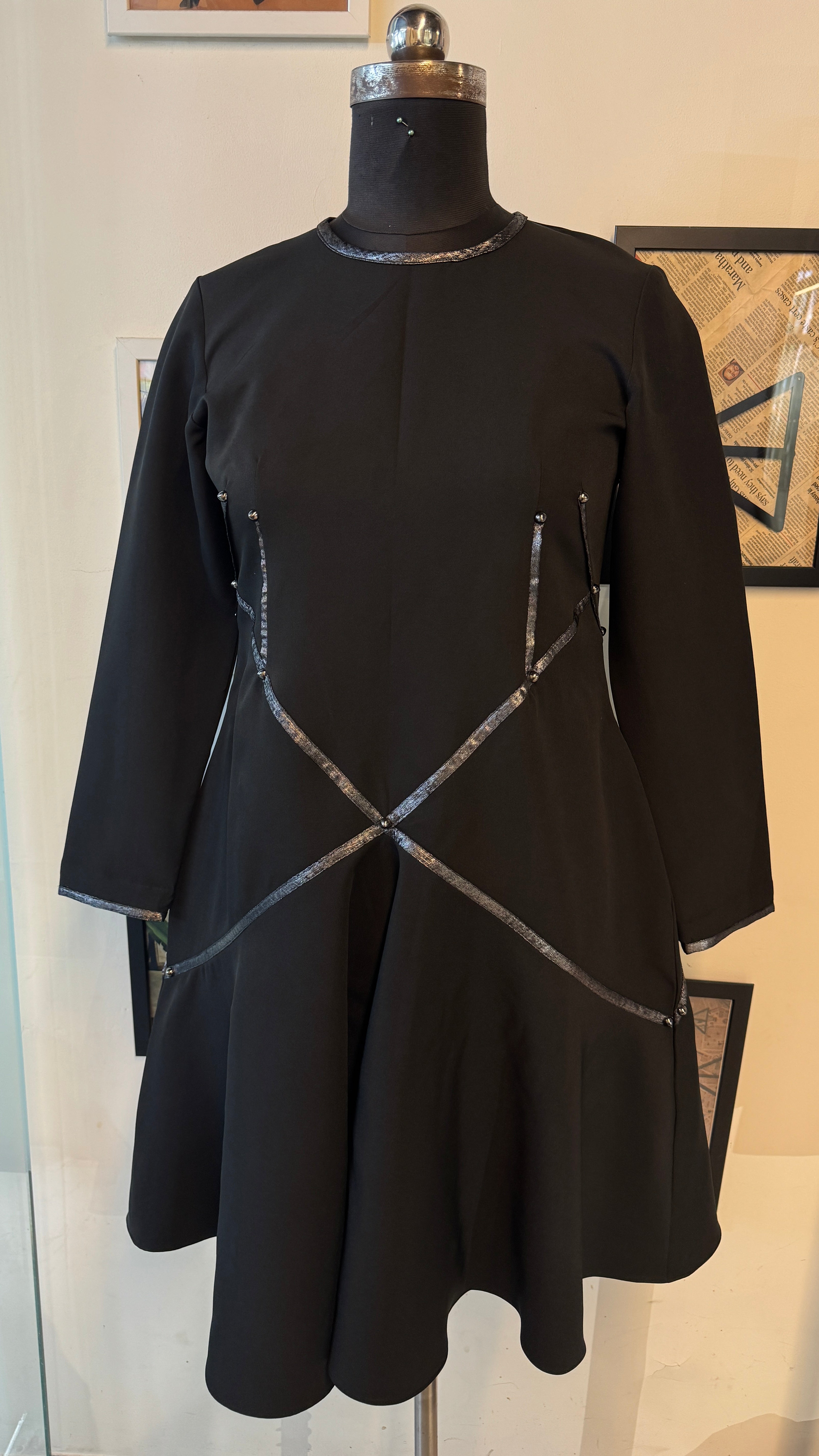 Black Banana Crepe Dress With Grey Sandwash Piping Crosses With Rivets On Joints
