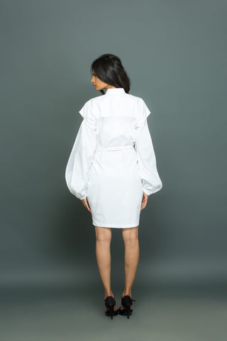 Chinese collared shirt dress with open sleeve feature and corded self belt