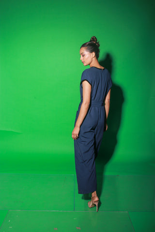 Blue full length jumpsuit with waist tie-up