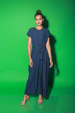 Blue full length jumpsuit with waist tie-up