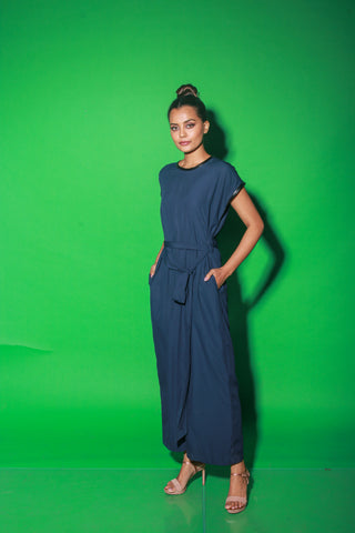 Blue full length jumpsuit with waist tie-up