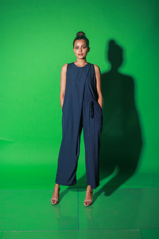 Blue full length sleeveless jumpsuit