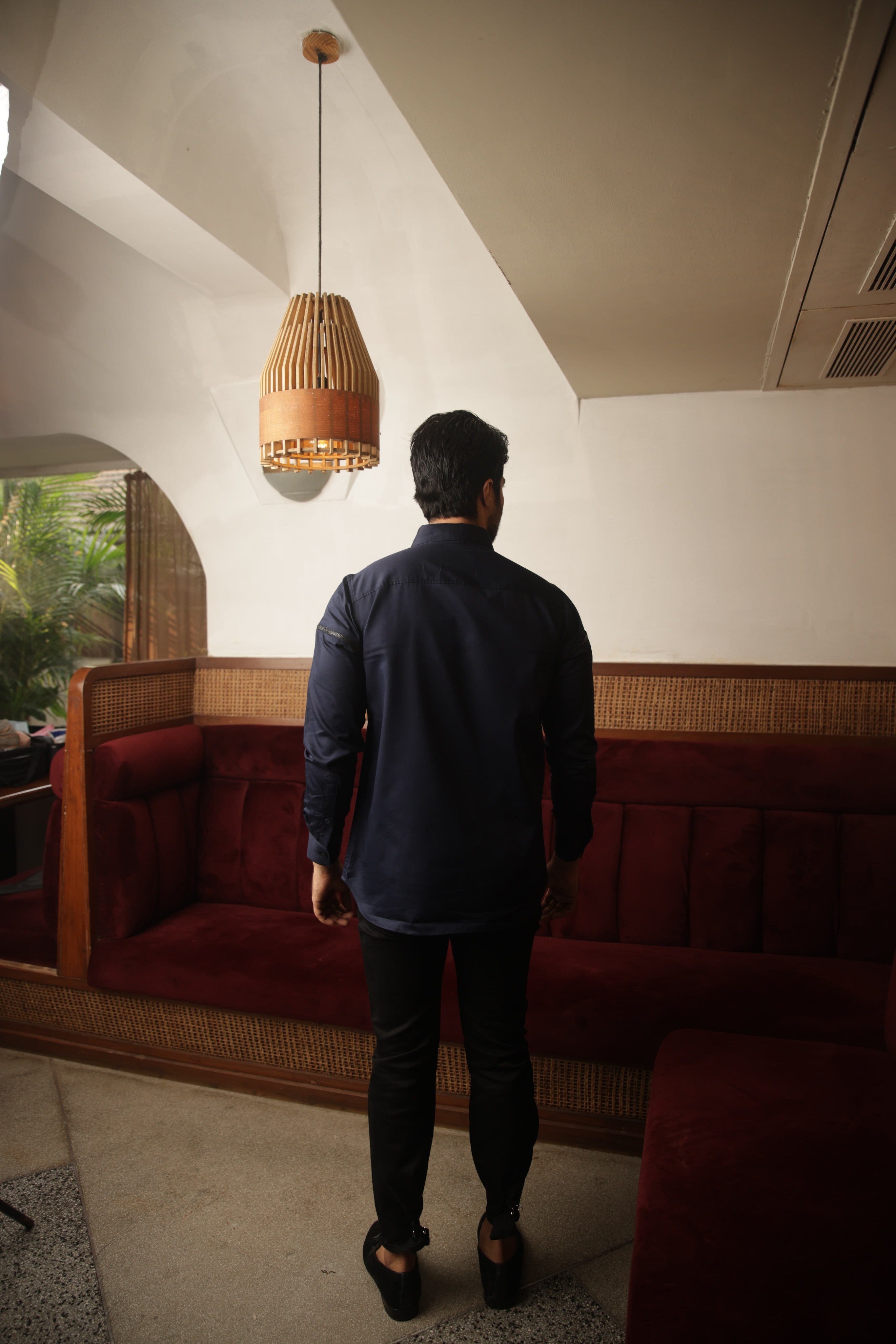 Blue shirt with black zipper feature