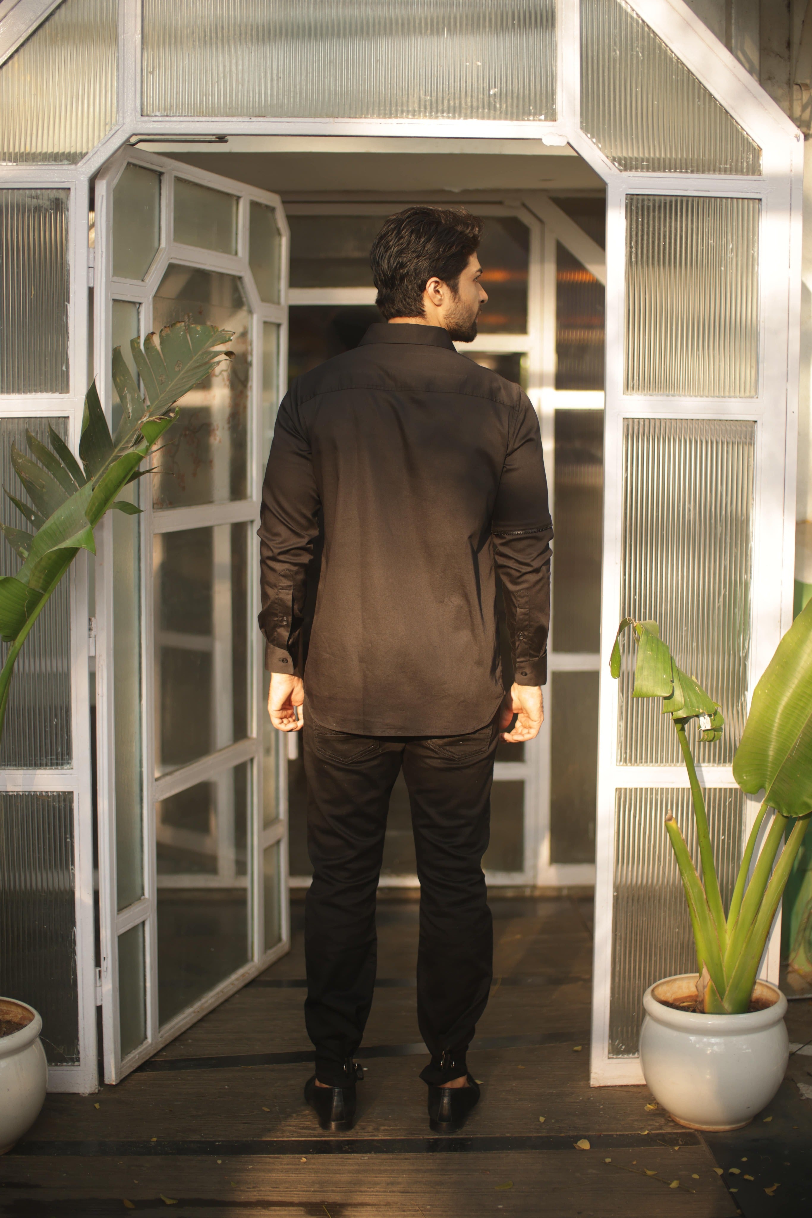 Black shirt with black piping zipper