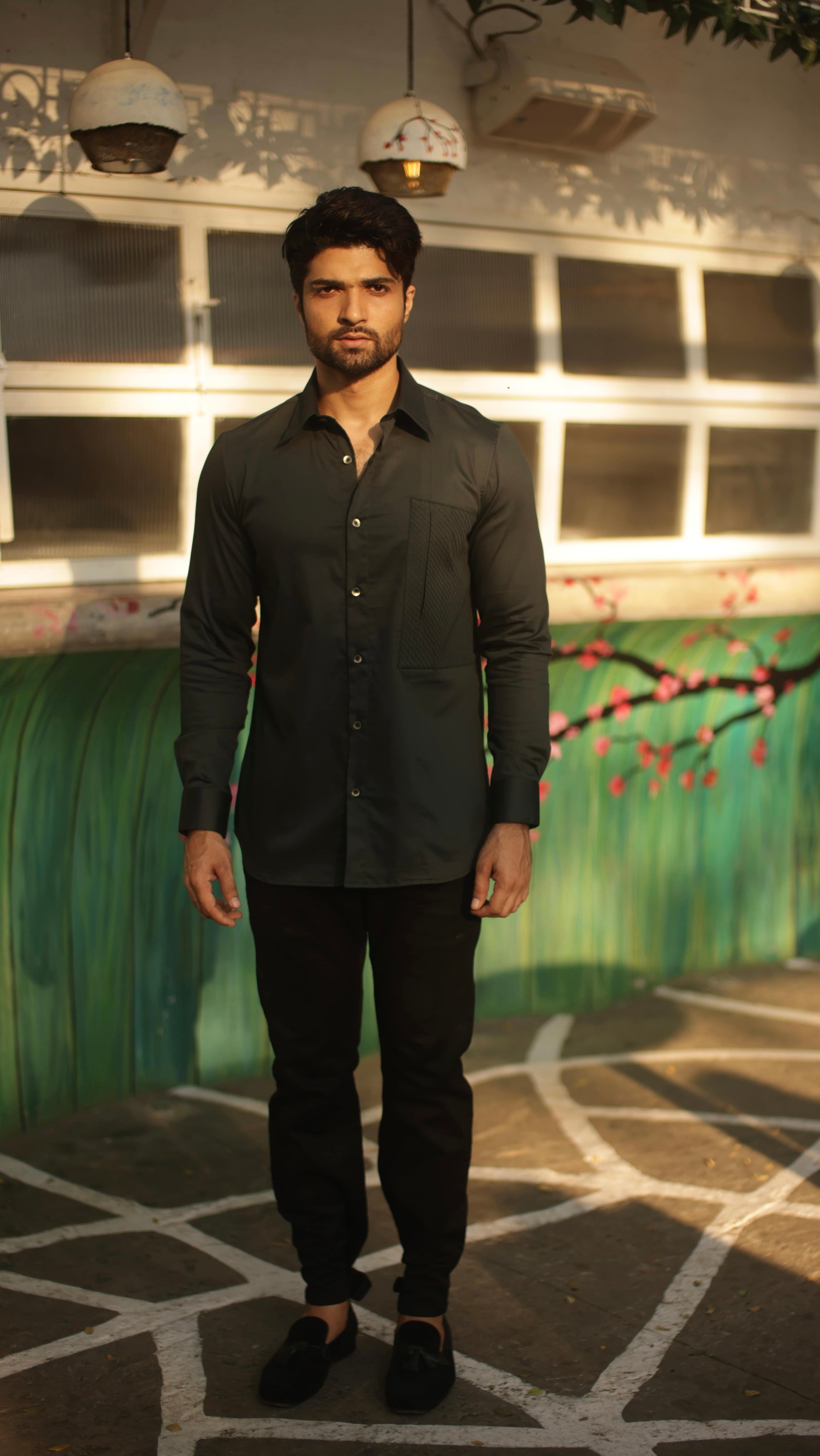 Military green shirt with quilted