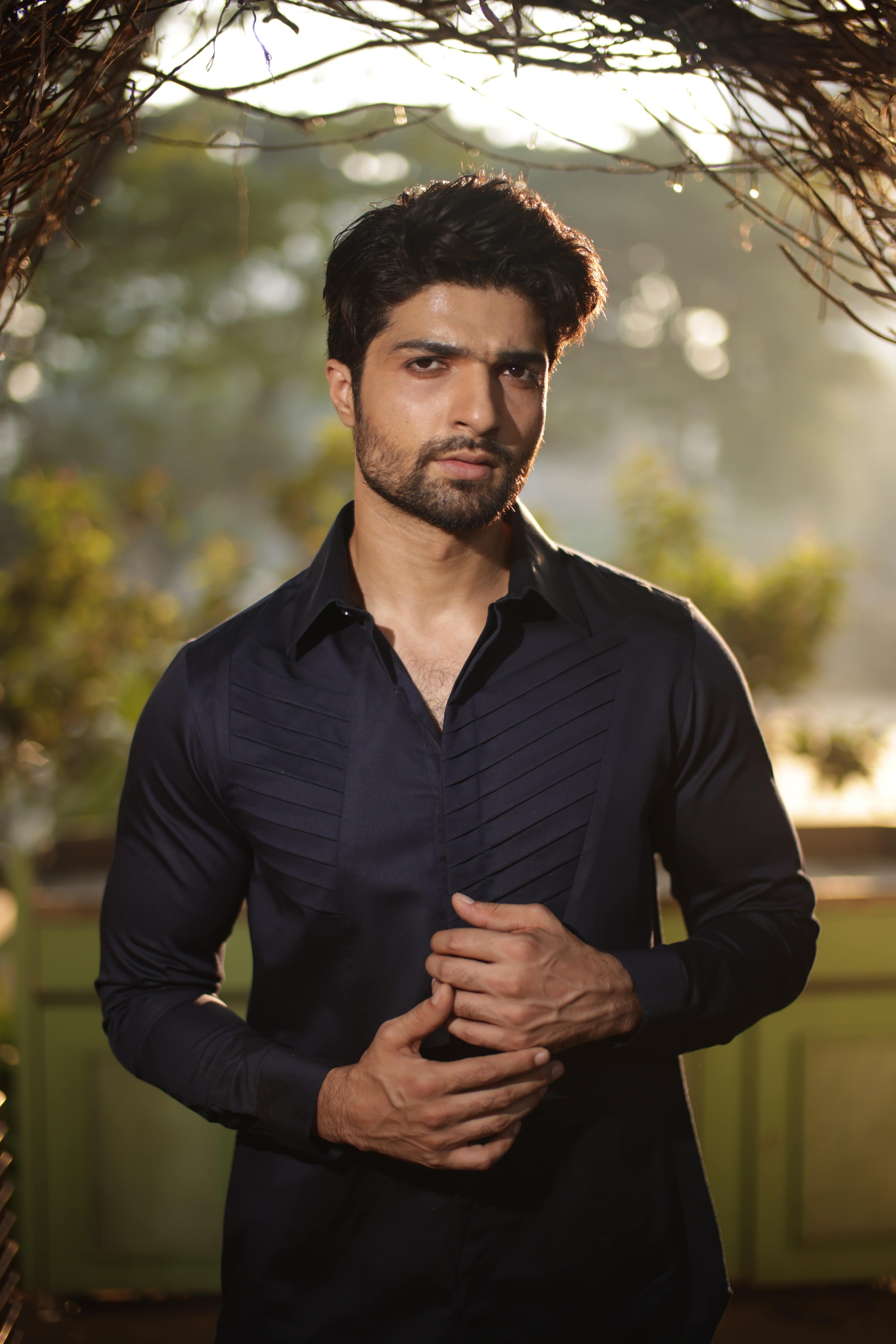 Blue shirt with geometric pattern