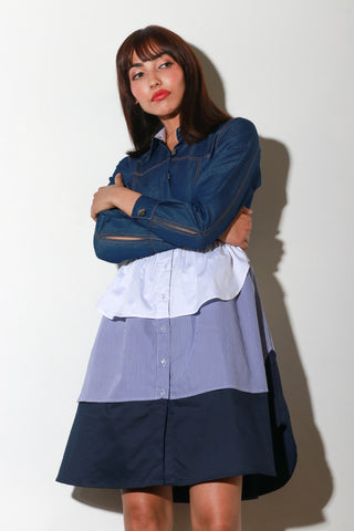 Denim jacket-style dress with tiered  feature.