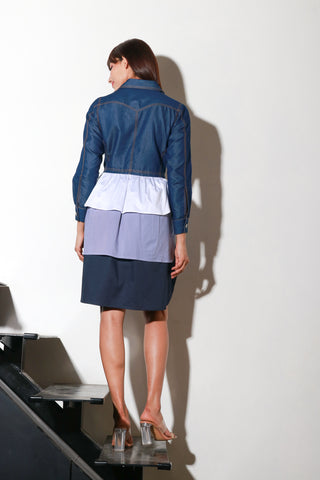 Denim jacket-style dress with tiered  feature.