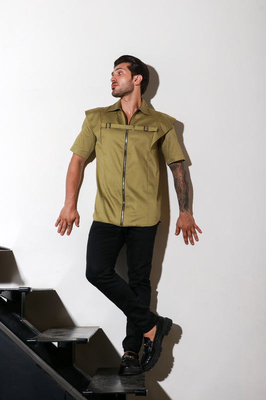 Green half sleeve zipper shirt with buckle feature .