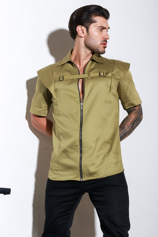 Green half sleeve zipper shirt with buckle feature .