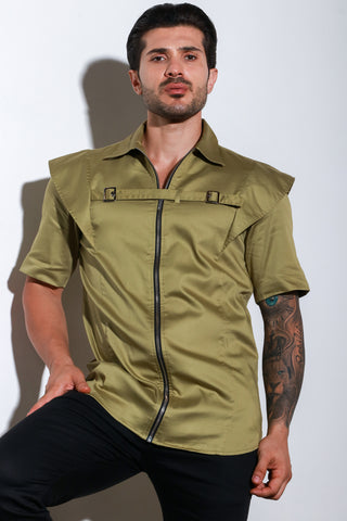 Green half sleeve zipper shirt with buckle feature .