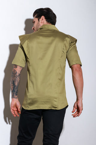 Green half sleeve zipper shirt with buckle feature .