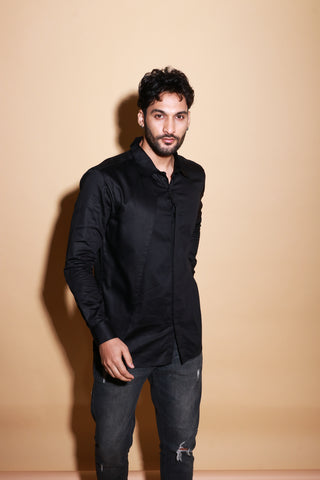 Black full sleeve shirt with tone on tone flap feature.