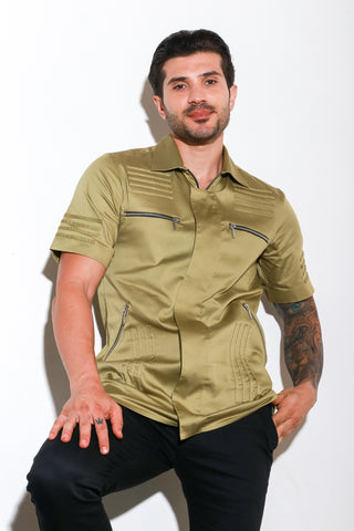 Green half sleeve shirt with self piping stripes and zipper feature.