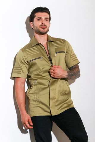 Green half sleeve shirt with self piping stripes and zipper feature.