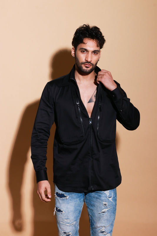 Black full sleeve shirt with self zipper pocket and placket feature.