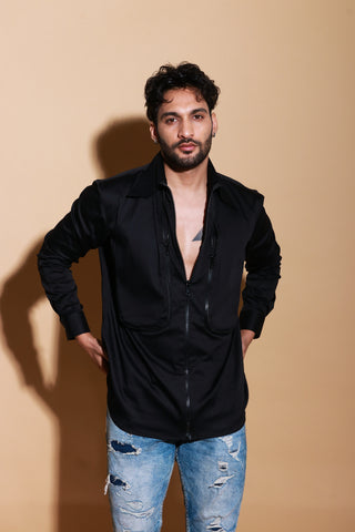 Black full sleeve shirt with self zipper pocket and placket feature.