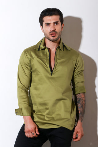 Moss green full sleeves shirt with self quilting, eyelets feature with black zipper accent.