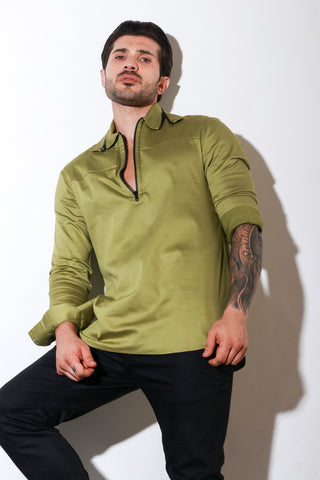 Moss green full sleeves shirt with self quilting, eyelets feature with black zipper accent.