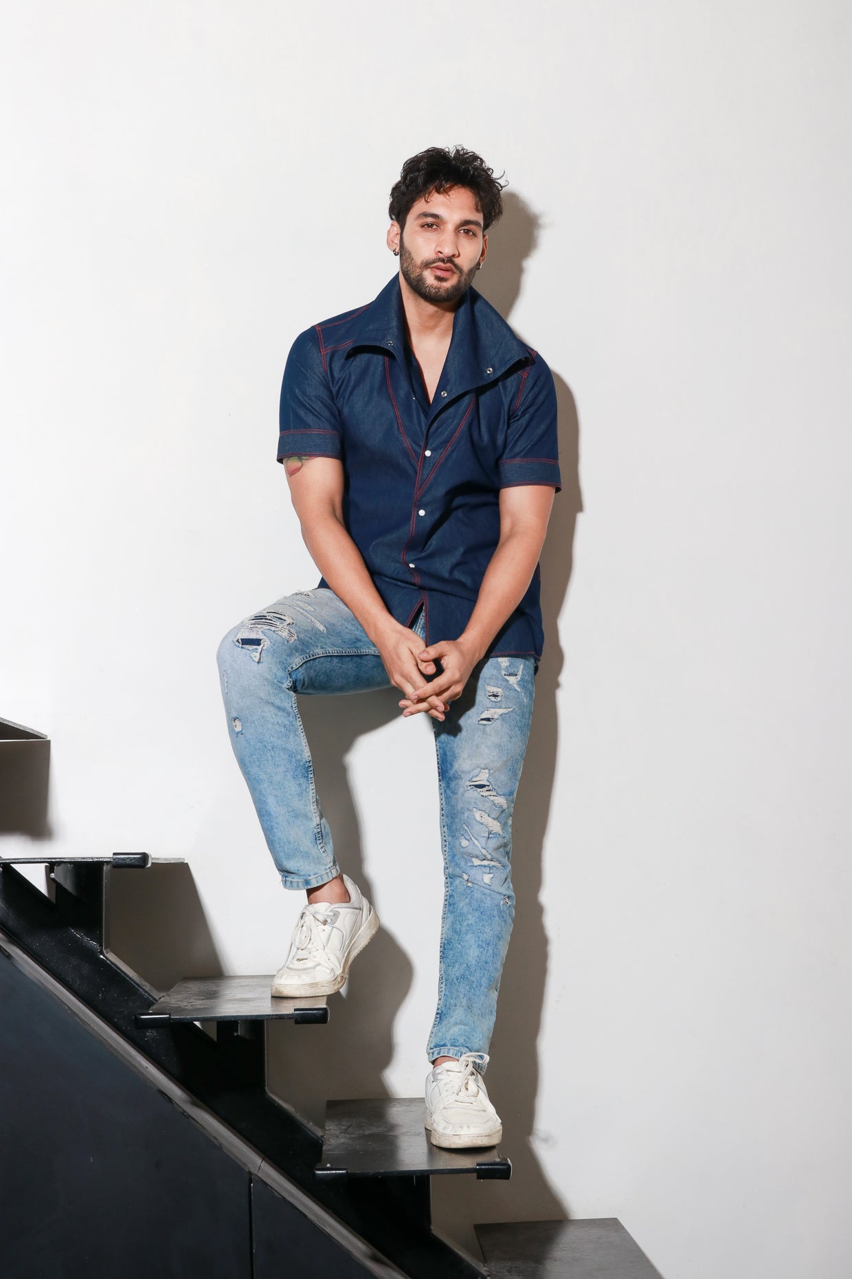 Denim short sleeves cowl neck feature with contrast red stitch detailing.