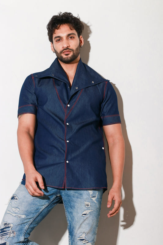 Denim short sleeves cowl neck feature with contrast red stitch detailing.