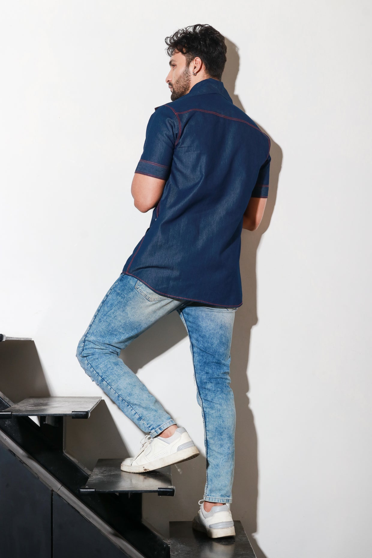 Denim short sleeves cowl neck feature with contrast red stitch detailing.