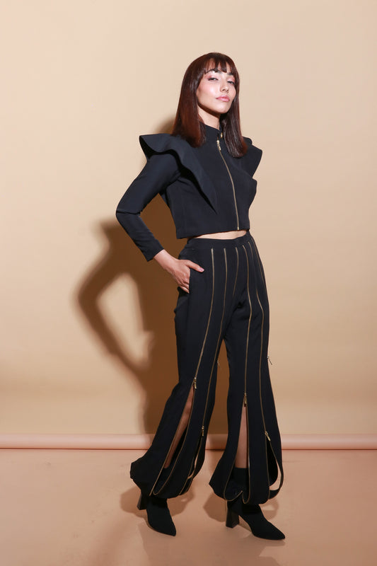 Black zippered crop jacket with zippered harem pants co-Ord set.