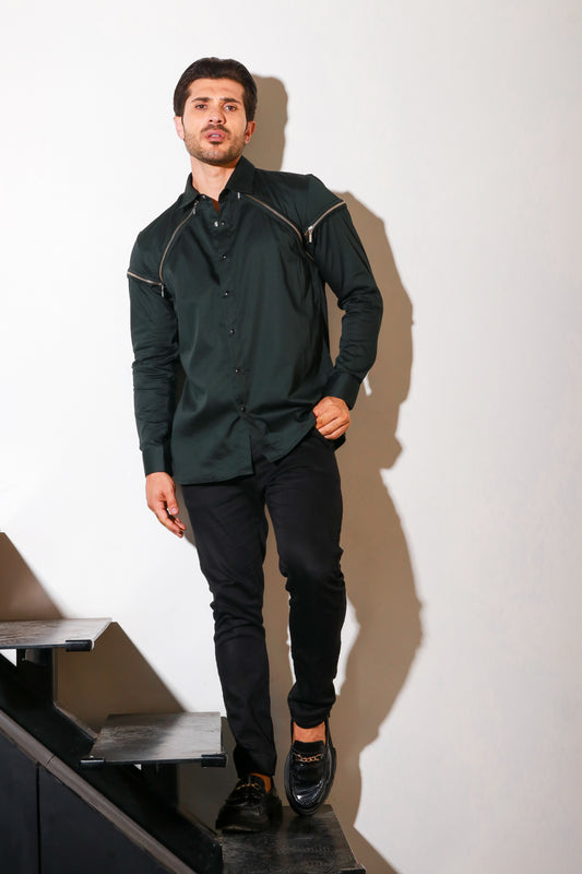 Green button down shirt with diagonal zipper feature .