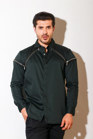 Green button down shirt with diagonal zipper feature .