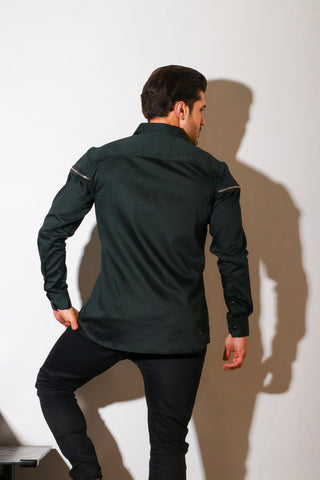 Green button down shirt with diagonal zipper feature .