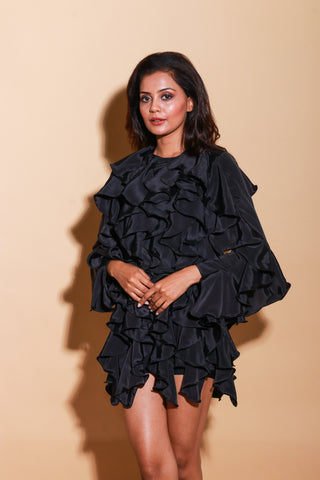 Black crepe top/dress with frill feature.