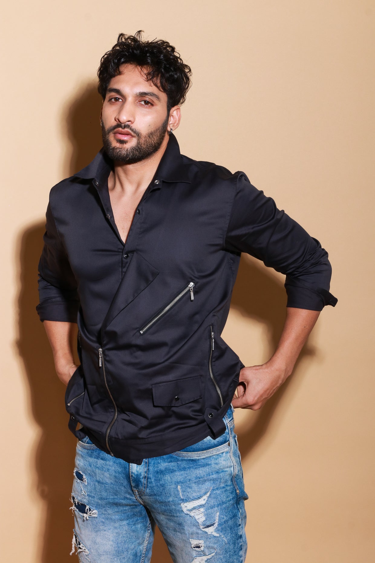 Grey biker jacket shirt with zipper feature