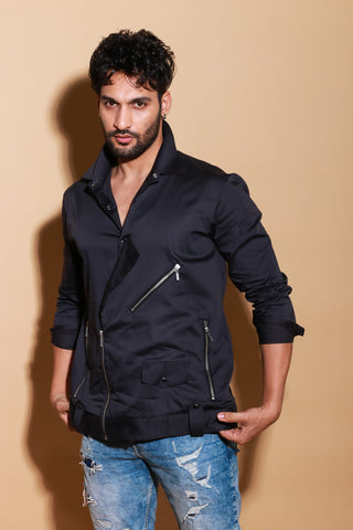 Grey biker jacket shirt with zipper feature