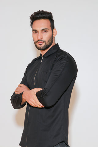 Black shirt with self cording and zippered placket.