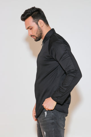 Black shirt with self piping.