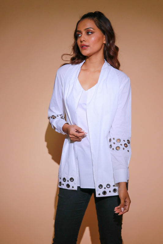 White four sleeves shirt with eyelet detailing.