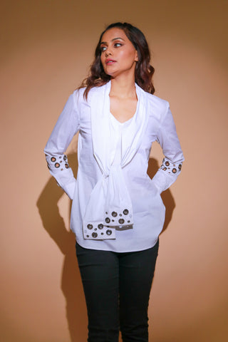 White four sleeves shirt with eyelet detailing.