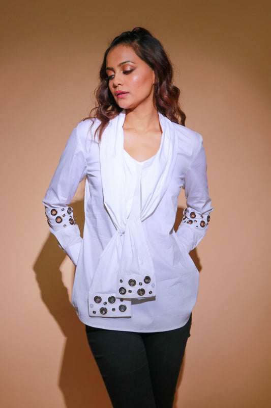 White four sleeves shirt with eyelet detailing.