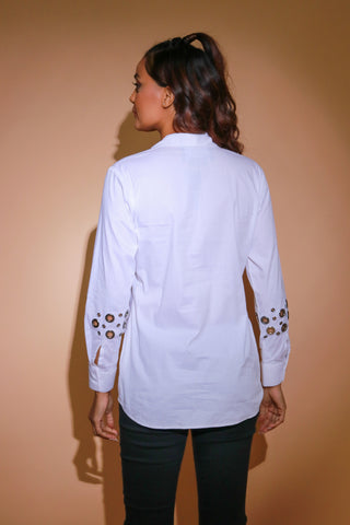 White four sleeves shirt with eyelet detailing.