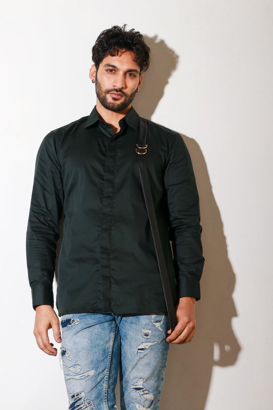 Green classic shirt with one side leather strip loop feature.