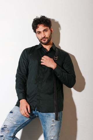 Green classic shirt with one side leather strip loop feature.