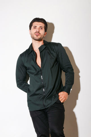 Green full sleeve shirt with cut collar zipper feature.