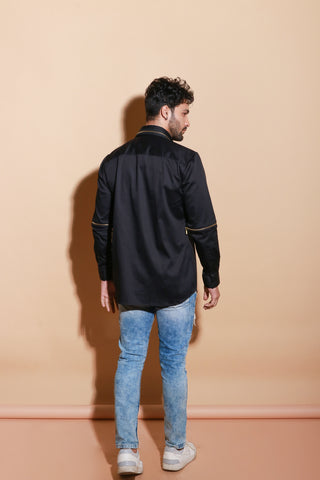 Black full sleeve shirt with detachable zipper feature on collar and sleeves.