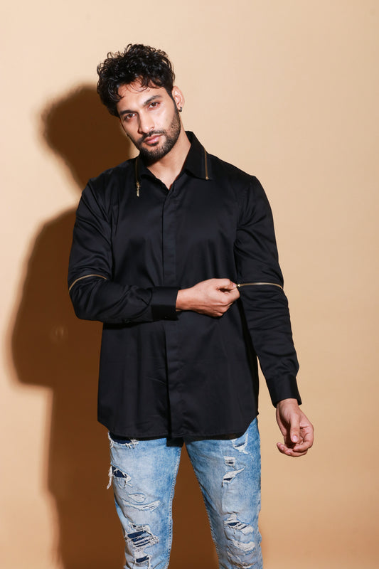 Black full sleeve shirt with detachable zipper feature on collar and sleeves.