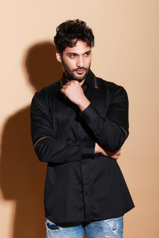 Black full sleeve shirt with detachable zipper feature on collar and sleeves.