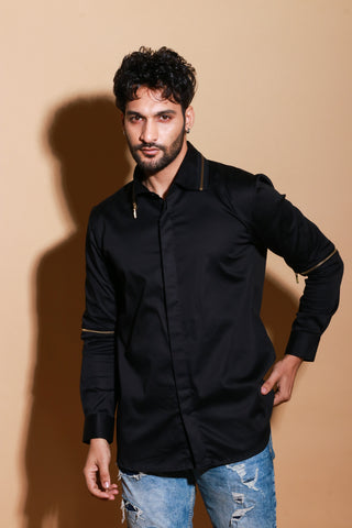 Black full sleeve shirt with detachable zipper feature on collar and sleeves.