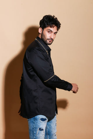 Black full sleeve shirt with detachable zipper feature on collar and sleeves.