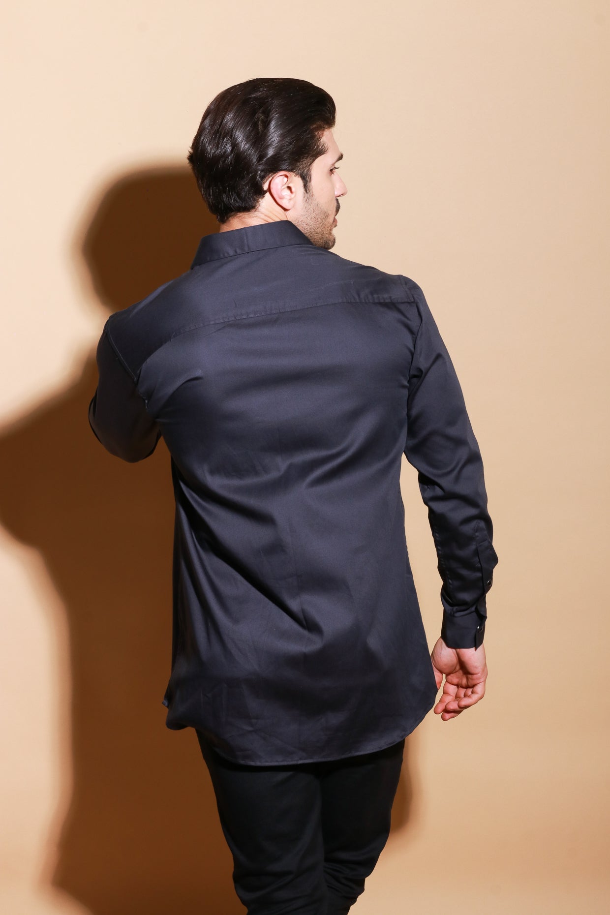 Black button down full sleeve shirt with patent stripes detailing.