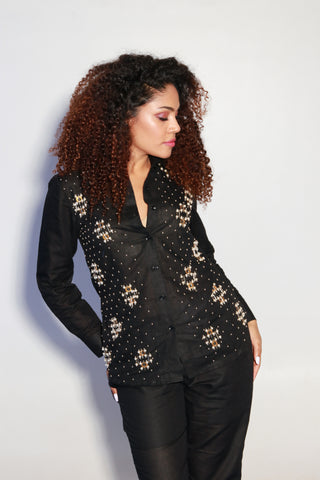 Black co-ord set in pure linen with stone embellishment on shirt.